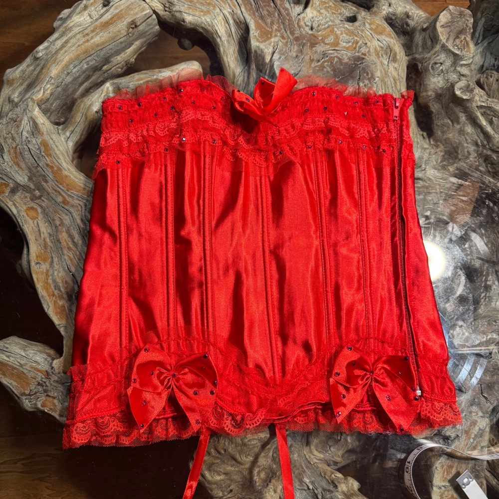 Red Lace Satin Corset Top with Bow Accents